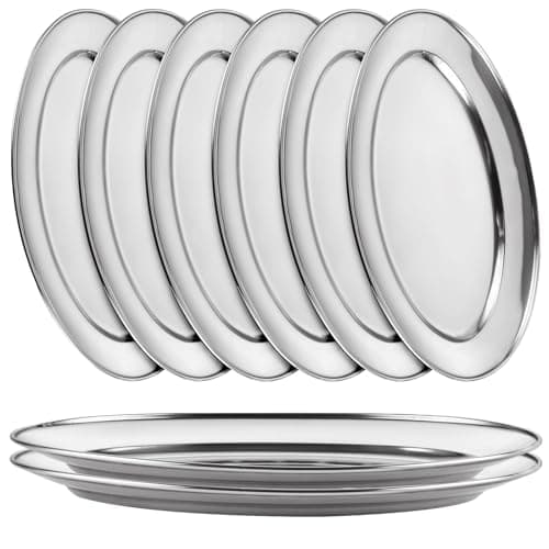 AKOLAFE 8PCS Large Stainless Steel Sizzle Platter Food Serving Trays for Party Buffet Oval Serving Platter Set Decorative Silver Plates Metal Tray Long Sizzler Plates for Sushi Appetizer Table Dish
