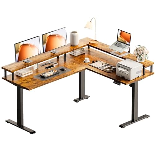 AODK Electric L Shaped Standing Desk, 59 Inch Height Adjustable Stand Up Desk with Power Outlets ＆ Full Monitor Stand, Reversible Corner Desk for Home Office ＆ Computer Workstation, Rustic Brown