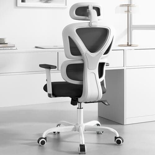 Sytas Ergonomic Office Chair, High Back Mesh Desk Chair with Lumbar Support and Adjustable Headrest, Executive Swivel Computer Chair for Home Office, Tilt Function, White