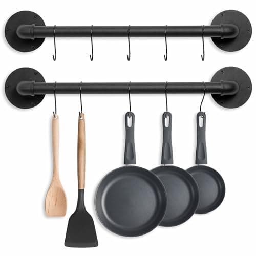 Boshangjia Pot Pan Rack Wall Mounted Set of 2, 21" Industrial Pipe Utensils Hanger Holder Pots Storage Organizer Iron Detachable Hanging Rail for Kitchen with 10 S Hooks…