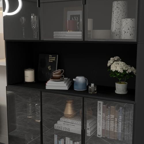 Mekminop Glass Doors Display Cabinet with Lights and Shelves, Storage Cabinets Morden Bookcase Trophy Case Display Cabinet with Hutch for Collectibles - Black (47.2 "W x 16.5 "D x 78.7 "H) 5