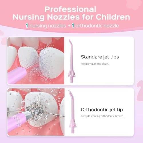 COSLUS C31 Kids Water Dental Flosser Deep Cleaning Picks Portable 4 Modes for Ages 6+ Safe Waterproof Rechargeable with 2 Jet Tips for Gums Care Pink Purple 5