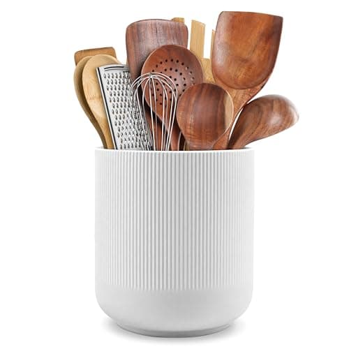 RedCall Kitchen Utensils Holder Large,Ceramic Utensil Organizer for Countertop,Morden Utensil Crock for Spoon Spatula,Home Kitchen Decor (White)