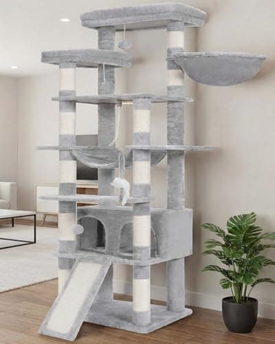 Heybly Tall Cat Tree, 78-inch Multi-Level Cat Tower for Indoor Cats, 2 Widened Plush Perches Cat Condo with Scratching Board and Big Caves, Light Gray HCT033W