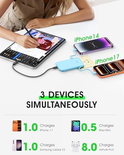 TG90° Portable Charger Built-in AC Wall Plug and Cables, Slim Fast Charging Power Bank 5000mAh, Pocket Size USB C External Battery Pack Compact Travel Charger Compatible with iPhone, Samsung 7