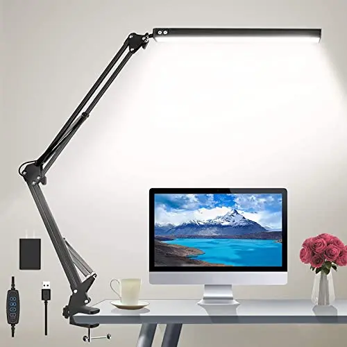 HaFundy LED Desk Lamp for Home,Office,Reading,Adjustable Eye-Caring Desk Light with Clamp,Swing Arm Lamp Includes 3 Color Modes,10 Brightness Levels Table Lamps with Memory Function