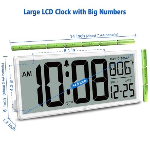 WallarGe 14.5'' Large Digital Wall Clock Battery Operated with Jumbo Numbers, Temperature and Date - Easy to Read and Set, Auto DST 5