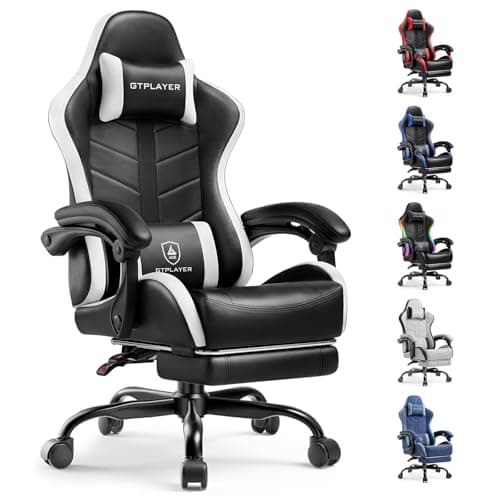 GTPLAYER Gaming Chair, Computer Gaming Chairs for Adults with Footrest, Height Adjustable PC Game Chair with 90-155° Recline & Removable Headrest Lumbar Support, Black-White