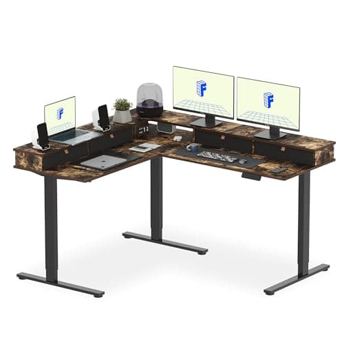 FLEXISPOT 63" L Shaped Standing Desk Electric Corner Table with Shelf, 4 Storage Drawers, Adjustable Computer Workstation for Home, Office, Game, Studio, Rustic Brown Top + Black Frame