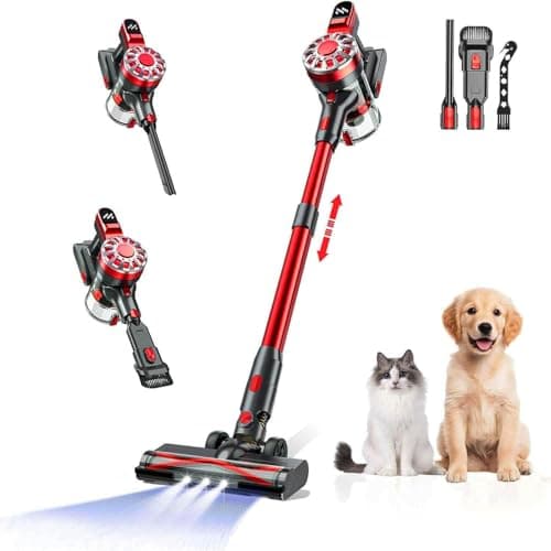 Cordless Vacuum Cleaner,Vacuum Cleaners for Home with Super Suction,Lightweight Stick Vacuum with 35 Mins Runtime,Rechargeable Cordless Vacuum for Carpet, Tile, Pet Hair, Hardwood Floors(Black Red)