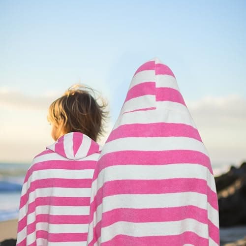 ORIGINAL KIDS Hooded Bath Towel Wrap - 100% Cotton Terry Large Oversized Hooded Kids Towel - Toddler Shower Pool Beach Towel - Soft Plush Absorbent Quick Dry Easy Care Gift -30x60- Cabana Stripe Pink 6