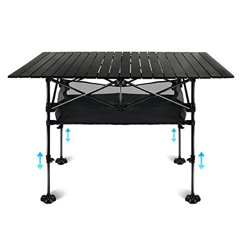 LEADALLWAY Adjustable Height Aluminum Camping Table Folding Portable Outdoor Table with Large Storage Organizer and Carrying Bags Big Foot Upgrade Collapsible Picnic Table 47(L) x22(W)