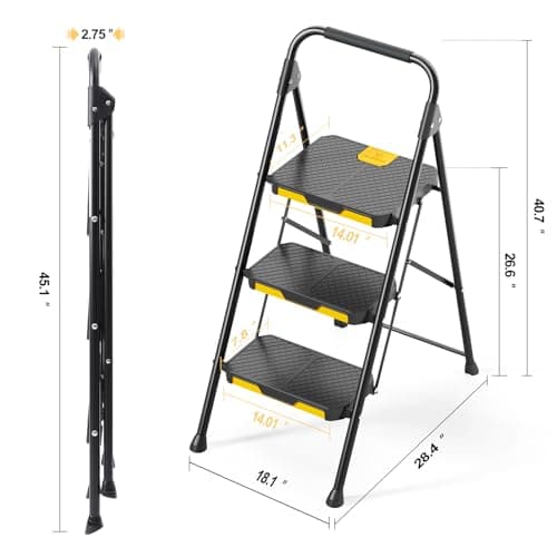 KINGRACK 3 Step Ladder, Sturdy Steel Step Stool with Safe-Lock Design, Handrail, Anti-Slip Wide Pedals, Pass 800lbs Load Testing, Folding Portable Ladder for Multi-Purpose, Home, Kitchen, Black 7