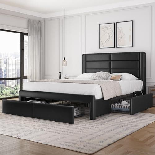 Yaheetech Queen Size Bed Frame Platform with 2 USB Charging Station/Port for Type A&Type C/3 Storage Drawers, Leather Upholstered with Headboard/Solid Wood Slat Support/No Box Spring Needed/Black