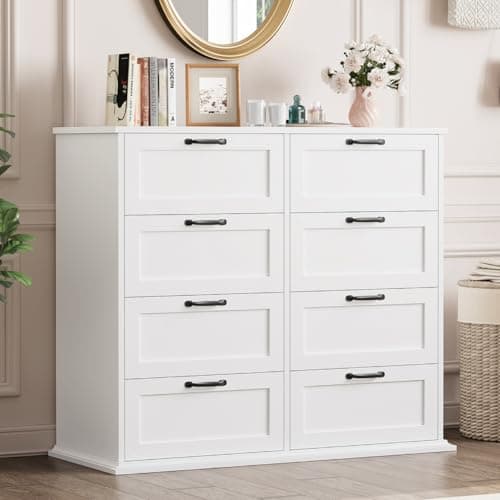 BOTLOG Wood Dresser for Bedroom, White Dresser with 8 Drawers, Chest of Drawers for Bedroom, Entryway, Living Room, Modern Farmhouse Style