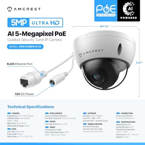 Amcrest 5MP POE Camera, Outdoor Vandal Dome Security POE IP Camera, 5-Megapixel, 98ft NightVision, 2.8mm Lens, IP67, IK10 Resistance, MicroSD 256GB (Sold Separately), Cloud, NVR (IP5M-D1188EW-AI-V3) 7