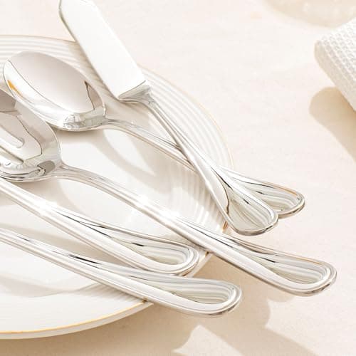 KINGSTONE 8 Piece Teardrop Serving Utensils Set, 18/10 Stainless Steel Serving Utensils, Slotted Spoons, Forks, Tongs, Cake Server, Butter Knife for Buffet, Catering, Wedding, Party 6