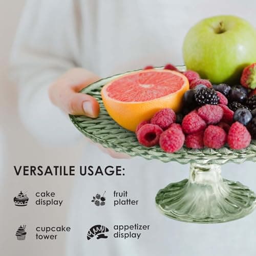 Amici Home Rochester Footed Glass Cake Stand | Round Vintage Style Cake Plate | Serving Platter for Cupcakes, Cookies, Birthday Cake | Dessert Display Stand for Parties, Weddings, and Gift (Green) 5