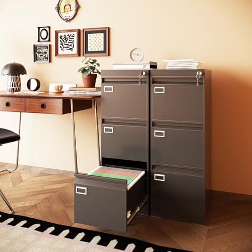 Vaernevy 3 Drawer Metal File Cabinet with Lock, Small Locking Filing Cabinets, Vertical File Cabinet with Key, Black Under Desk Filing Cabinets for Home Office 9