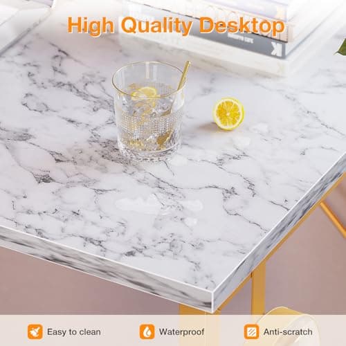 ODK Computer Desk, 40 Inch Small Study Desk, Office Desk with Storage, Work Table with Headphone Hook for Small Space Home Office, White Marble + Gold Leg 8
