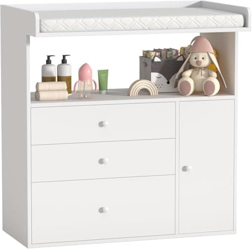 GOFEI Baby Changing Table Dresser with Wide Tabletop, 3 Drawers & Open Storage Space, Baby Dresser with Changing Table Top, Perfect for Baby Bedrooms & Nurseries