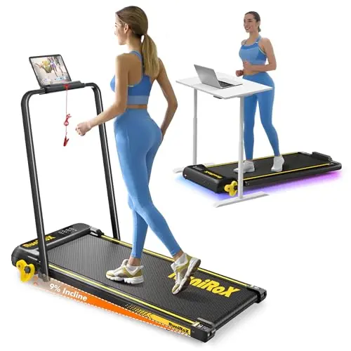 RuniRoX Walking Pad Treadmill with Incline, 3 in 1 Portable with Handle Bar and Lights, Under Desk for Home Office, with LED Display and APP