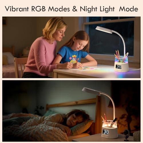 WILIT LED Desk Lamps for Home Office with Pen Holder, Table Lamp for Bedroom with USB Charging Port & Clock, RGB Night Light, Study Lamp for Kids Student, Desk Lamp for College Dorm Room Essentials 7