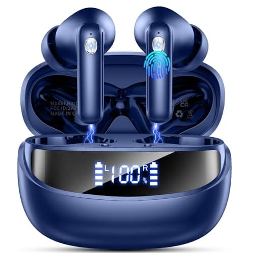 Nerunsa Wireless Earbuds, Bluetooth 5.4 Headphones HiFi Stereo, 50H Playtime in-Ear Headphones with ENC Noise Cancelling Mics, IP7 Waterproof Wireless Headphones, Earbuds with LED Display, Blue