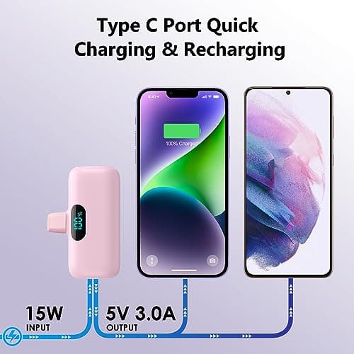 [2 Pack]Mini Portable Charger 5000mAh for iPhone,Ultra-Compact 15W PD Power Bank,LCD Display Cute Battery Pack Backup Charger Compatible with iPhone 14/14 Pro Max/13/13 Pro/12/XR/8/7/6,Pink +Purple 6