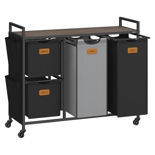 VASAGLE Laundry Hamper with 4 Compartments, 39.6 Gal. (150 L) Laundry Sorter, Rolling Laundry Cart with Shelves, Small Side Pockets, 6 Labels, Chestnut Brown, Ink Black and Dove Gray UBLH203B01