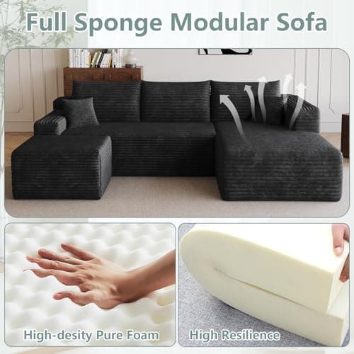 95" Modular Sectional Sofa with Ottoman, Modern Corduroy Cloud Couch with Deep Seat, Boneless Couch Upholstered 3-Seater U-Shaped Sofa for Living Room, No Assembly (Black,Right-Facing Chaise) 6