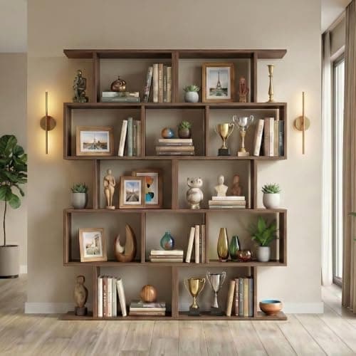 DIYART 5-Tier Geometric Bookcase (Set of 2), 62.6" Tall S-Shaped Bookshelf & Room Divider, Modern Brown Freestanding Display Shelving Unit for Living Room, Hallway, Home Office