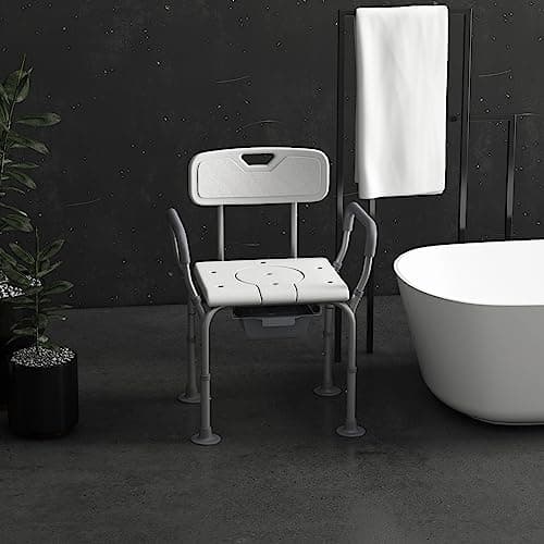 HOMCOM 3-in-1 Shower Chair with Back and Arms, Height Adjustable Bedside Commode, Raised Toilet Seat with Non-Slip Rubber Foot Pad for Seniors, Disabled, White 8