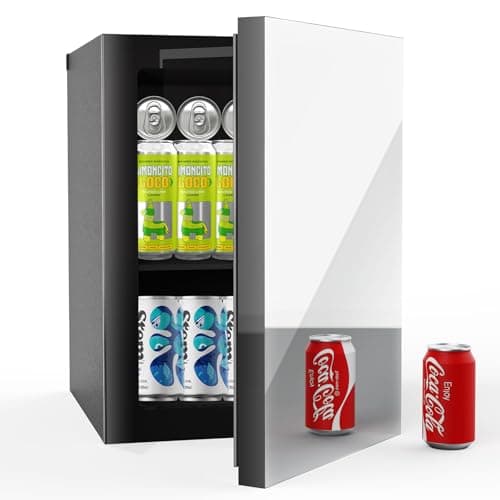 Erivess 24 Cans/0.9 Cubic Feet Beverage Refrigerator Cooler and Skincare Mini Fridge with Mirrored Front Door & Temperature Control, Countertop Small Fridge for Soda, Beer and Cosmetics, Skincare