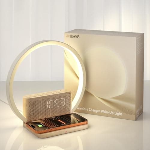 Vivilumens Sunrise Alarm Clock Wireless Charger, 10 White Noise Sound Machine Alarm Clock with 30/60/90 Mins Timer, 3 Levels Touch Night Light Dual Clocks for Heavy Sleeper Bedroom Decor Gifts for Her