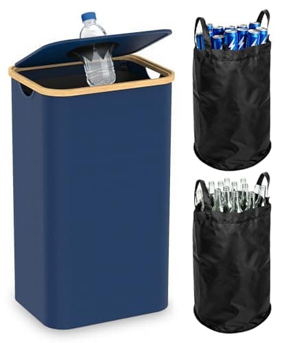 Recycling Bins for Kitchen, 26 Gallon (100L) Recycle Bin with lid, Indoor Oxford Fabric Recycling Trash Can with 2 Pack Removeable and Reusable Inner Bags for Bottle Can Glass Plastic Sticker, Blue