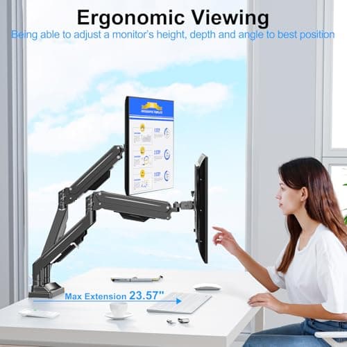 ErgoFocus Dual Monitor Mount for Screens up to 43", Heavy Duty Ultrawide Dual Monitor Arm Holds 2.2-33lbs Each, Premium Gas Spring Adjustable Computer Monitor Stand for 2 Monitors, VESA Desk Mount 7