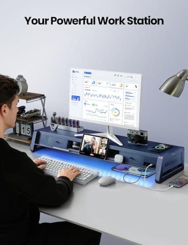 Vaydeer All-in-One Dual Monitor Stand Riser with 2 Drawers, 8USB Ports and Wireless Charging Pad with LED Light Strip for 2 Monitors , Desk Organizer for PC, iMac (Metal, 39.3 inches) 6