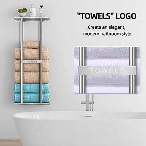 STWWO Bathroom Towel Storage for Bathroom, Wall Towel Rack for Rolled Towels, 30 inch Towel Holder Wall Mounted with Metal Shelf Can Holds 6 Large Towels, Brushed Nickel 6