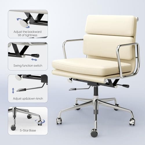 OTDMEL Mid-Back Executive Genuine Leather Office Chair, with Aluminum Arms and 5-Star Base, Modern Rolling Desk Chair with Silent Wheels, Lumbar Support, High-Adjustable, Tilting for Home & Office 6