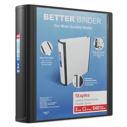 Staples Heavy-Duty 2-Inch D-Ring Binder, Black – Large Capacity 3-Ring Binder for School & Office Use