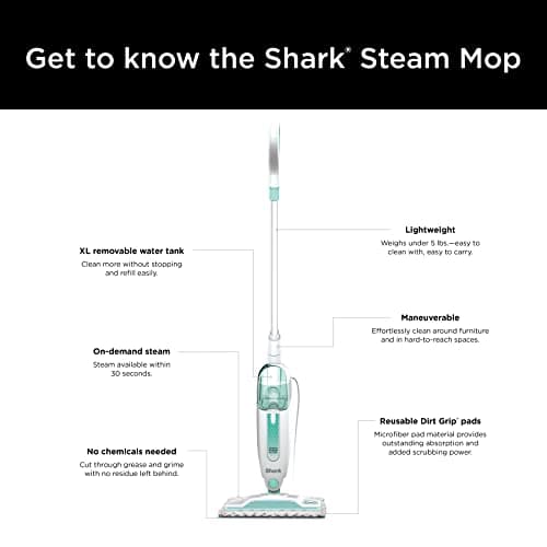 Shark Steam Mop with 2 Machine Washable Dirt Grip Pads, Removable Water Tank, Lightweight, Steam Cleaner for sealed Hard Floors, Marble, Stone, Hardwood, Tile, Laminate, White/Seafoam, S1000 11