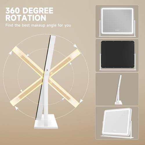 Hasipu Vanity Mirror with Lights, 22" x 18" LED Makeup Mirror, Light up Mirror with Smart Touch 3 Colors Dimmable, Brightness Adjustment, 360° Rotation (White) 5