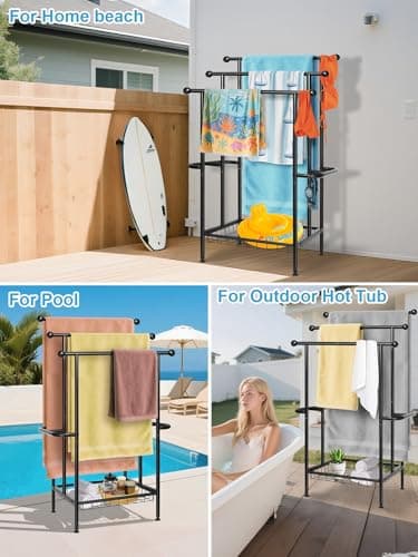 Haturi Free Standing Towel Rack for Bathroom, 3-Tier 39" H Black Metal Towel Drying Rack with Storage Basket, 24.4" L x 13" W x 39" H Rust-Resistant Outdoor Holder for Pool & Oversized Towels 8