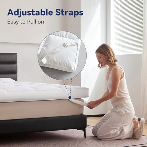 LeWinBedding Dual Layer 5 Inch Goose Feather Mattress Topper Queen Size, 4 Inch Goose Feather Plus 1 Inch Down Alternative Pillow Top, Medium Firm Featherbed with Adjustable Straps(60"x80", Wavy) 5