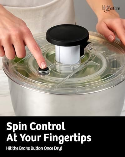 lily&stone Large Stainless Steel Pump Salad Spinner with Drain, Bowl, and Colander - Quick and Easy Multi-Use Lettuce Spinner, Vegetable Dryer, Fruit Washer, Pasta and Fries Spinner - 6.33 Qt 5