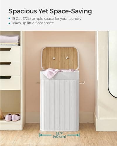 SONGMICS Foldable Laundry Hamper with Lid, 19 Gal. Bamboo Laundry Basket, Rectangular Storage Hamper with 3 Handles, 15.7 x 11.8 x 23.6 Inches, for Laundry Room, Bedroom, White ULCB010W01 7