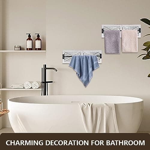 Butizone Bathroom Towel Rack, Rustic Towel Rack Wall Mounted, Small Farmhouse Bath Towel Storage Rack with Weathered Wood and Corrugated Galvanized Metal, for Hanging Towels and Hand Towels, White 2