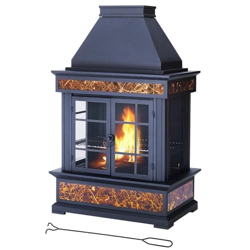 EROMMY 57" Outdoor Fireplace, Tile Finish Wood Burning Steel Fire Pit with Removable Ash Pan & Grate, Chimney, Fire Poker, Rain Cover, Idea for Backyard, Patio, Party 9