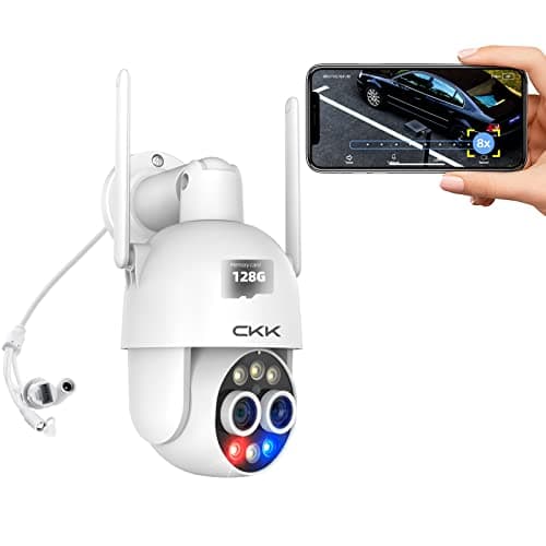CKK Wireless Security Camera Outdoor, 4MP+4MP HD PTZ Camera for Home Security, Motion Tracking, WiFi, 8X Dual Optical Zoom, Person Detection, Spotlight Color Night Vision, APP Control,No Add to NVR